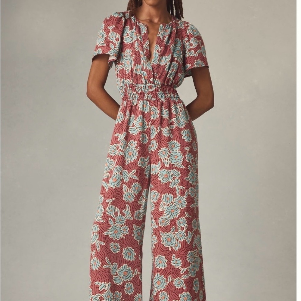 Anthropologie The Somerset Jumpsuit Dark Orange Pockets Flowy Vneck Sz XS NEW